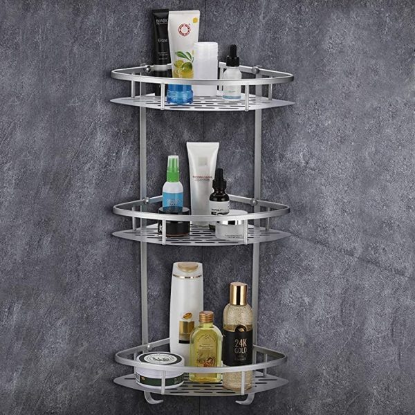 3 Layer Aluminum Bathroom Corner Shelves Large Capacity Shower Shelf Rack Organizer with Hooks - Image 2