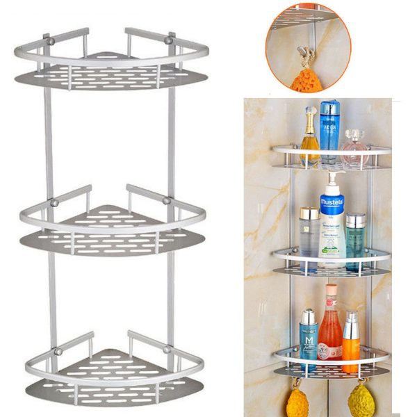 3 Layer Aluminum Bathroom Corner Shelves Large Capacity Shower Shelf Rack Organizer with Hooks - Image 3