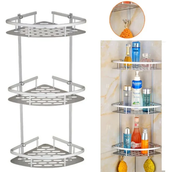 3 Layer Aluminum Bathroom Corner Shelves Large Capacity Shower Shelf Rack Organizer with Hooks - Image 4